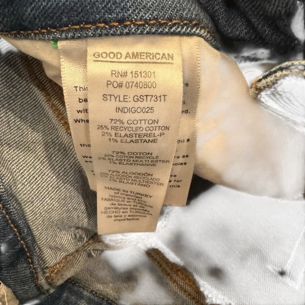Good American Good Legs Straight Jeans in the Indigo025 wash.